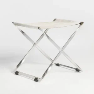 Frosted White Silver Leather Hide Stainless Steel X Frame Footstool Ottoman