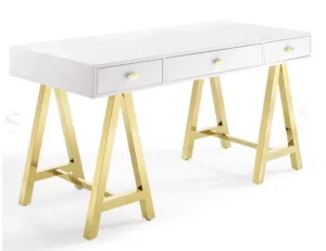 Glam High Gloss White Gold Metal Base Modern Desk
