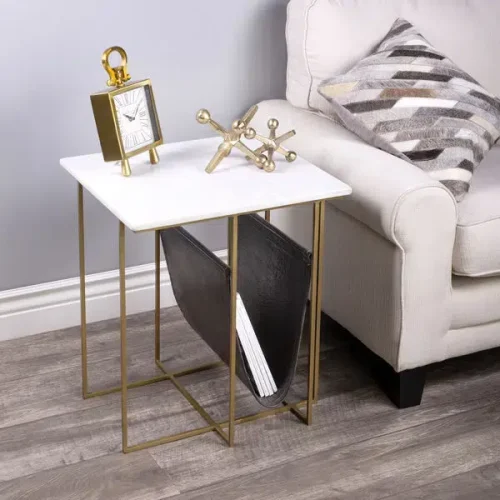 Gold Metal Leather White Marble Magazine Holder Accent Table