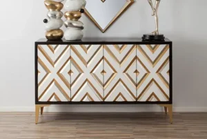 Golden Diamond Design Front Dark Body & Gold Legs Sideboard Cabinet