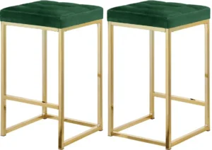 Green Velvet Tufted Backless Counter Stool Gold Base Set 2