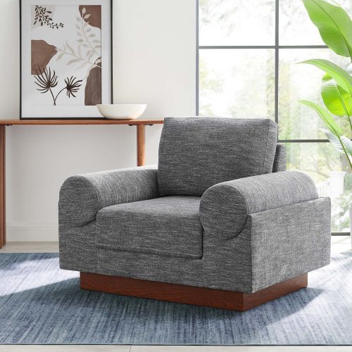 Grey Fabric Large Rolled Arm Wood Base Accent Chair