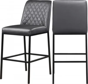 Grey Faux Leather Diamond Quilted Bar Stool Black Legs Set of 2