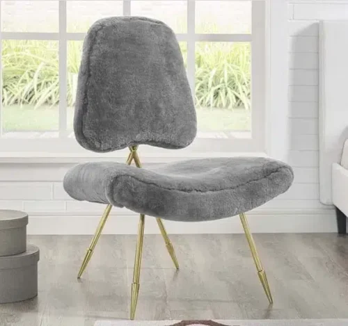 Grey Sheepskin Gold Toothpick Leg Lounge Chair