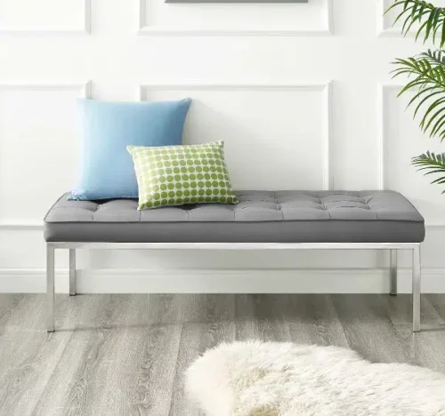 Grey Silver Faux Leather Tufted Stainless Steel Leg Bench