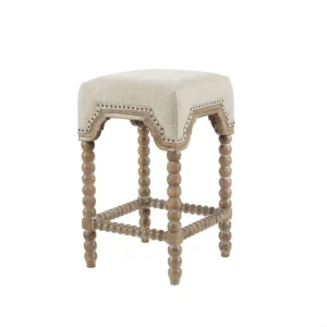 Grey Silver Toned Linen Fabric Backless Counter Stool NailHead Trim Spindle Leg