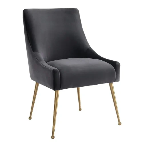 Grey Velvet Accent Dining Chair Gold Back Handle & Legs