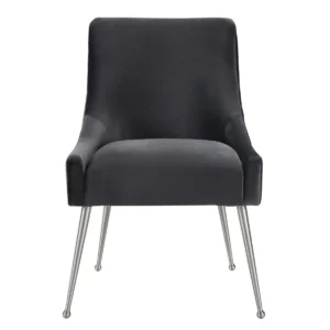 Grey Velvet Accent Dining Chair Silver Back Handle & Legs