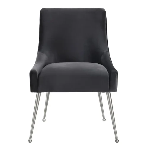 Grey Velvet Accent Dining Chair Silver Back Handle & Legs