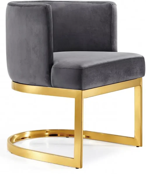 Grey Velvet Barrel Shape Gold Base Dining Accent Chair