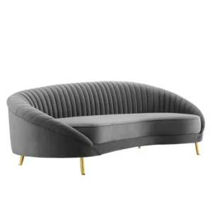 Grey Velvet Channel Tufted Back Curved Asymmetrical Sofa