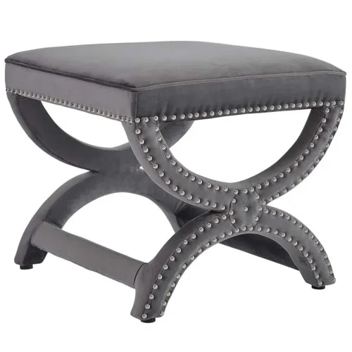 Grey Velvet Curved Legs Nailhead Trim Footstool