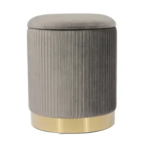 Grey Velvet Pleated Ribbed Round Storage Footstool Ottoman Gold Base