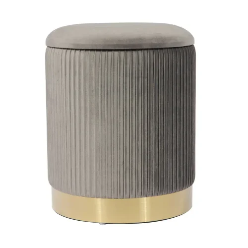 Grey Velvet Pleated Ribbed Round Storage Footstool Ottoman Gold Base