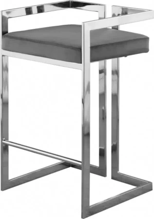 Grey Velvet Seat Counter Stool Chrome Angular Body