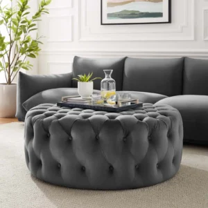 Grey Velvet Totally Tufted Round Ottoman Coffee Table