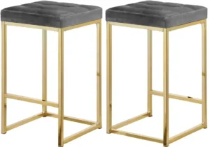 Grey Velvet Tufted Backless Counter Stool Gold Base Set 2