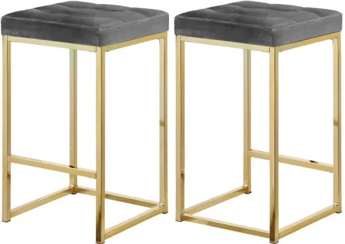 Grey Velvet Tufted Backless Counter Stool Gold Base Set 2