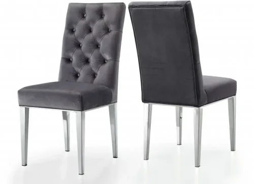 Grey Velvet Tufted Dining Chair Silver Legs Set of 2