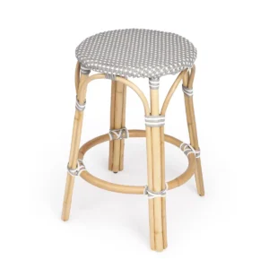 Grey & White Woven Rattan Backless Counter Stool