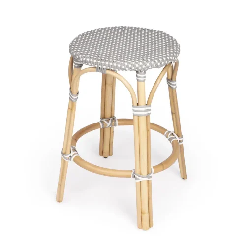 Grey & White Woven Rattan Backless Counter Stool