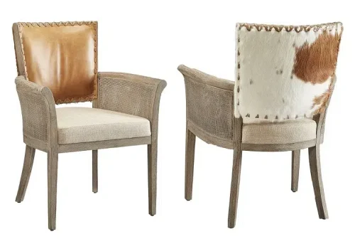 Hair on Hide Leather & Linen Accent Dining Arm Chair