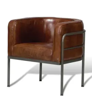 Industrial Iron Pipe Barrel Shape Brown Leather Chair