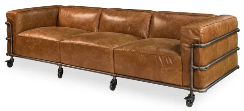Industrial Iron Pipe & Leather Sofa On Wheels