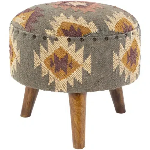 Jute Kilim Woven Southwestern Style Multi Print Round Footstool