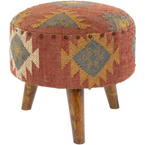 Jute Kilim Woven Southwestern Style Print Round Footstool