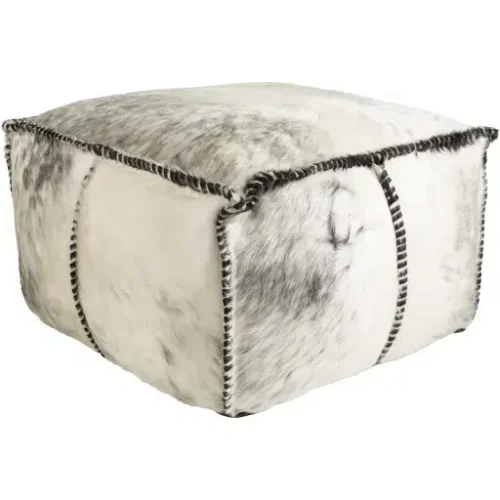 Large Square Hair on Hide Leather Square Blanket Stitch Pouf