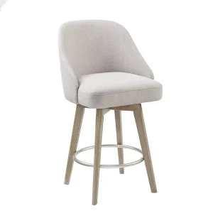 Light Grey Fabric Barrel Style Light Wood Swivel Stool