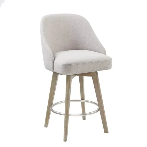 Light Grey Fabric Barrel Style Light Wood Swivel Stool