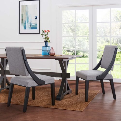 Light Grey Fabric Dark Wood Sloped Side Arm Dining Chairs Set of 2