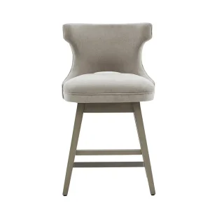 Light Grey Soft Fabric Grey Wood Silver Nailhead Trim Swivel Counter Stool