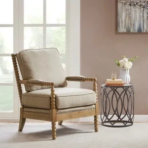 Light Grey Tan Fabric & Blonde Wood Spindle Lounge Chair