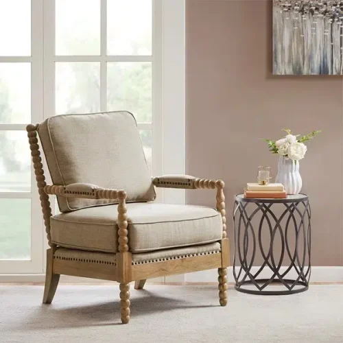 Light Grey Tan Fabric & Blonde Wood Spindle Lounge Chair