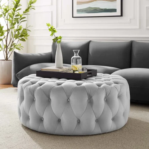 Light Grey Velvet Totally Tufted Round Ottoman Coffee Table