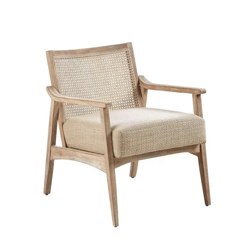 Light Wood Cane Insert Beige Fabric Accent ArmChair