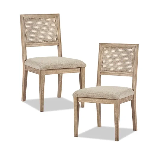 Light Wood Cane Insert Beige Fabric Dining Chair Set 2