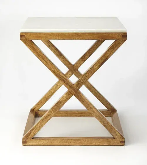 Light Wood X Frame Base White Marble Top Accent Table
