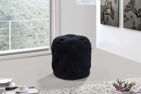 Black Round Velvet Tufted Ottoman Footstool