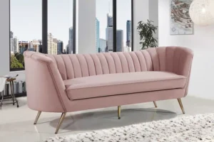 Blush Pink Velvet Channel Tufted Sofa Gold Legs