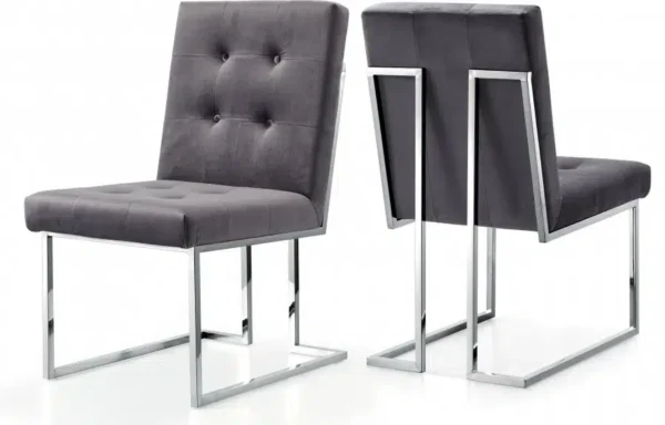 Grey Velvet Modern Boxy Geometric Dining Chair Silver Legs Set of 2