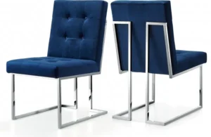 Blue Velvet Modern Boxy Geometric Dining Chair Silver Legs Set of 2
