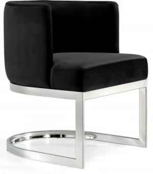 Black Velvet Barrel Shape Silver Base Dining Accent Chair