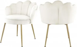 Cream Velvet Flower Petal Back Accent Dining Chair Gold Legs Set of 2