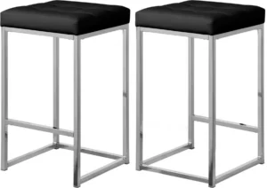 Black Faux Leather Tufted Backless Counter Stool Chrome Base Set 2