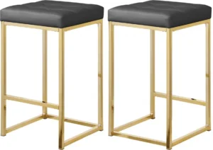 Grey Faux Leather Tufted Backless Counter Stool Gold Base Set 2