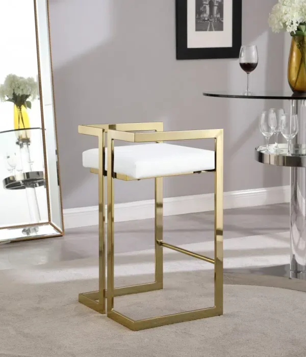 White Faux Leather Seat Counter Stool Gold Angular Body